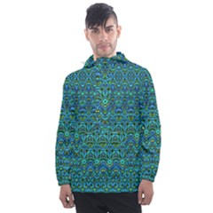 Boho Teal Green Blue Pattern Men s Front Pocket Pullover Windbreaker by SpinnyChairDesigns