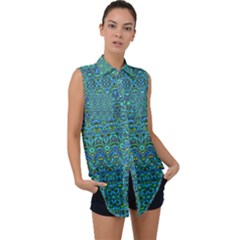 Boho Teal Green Blue Pattern Sleeveless Chiffon Button Shirt