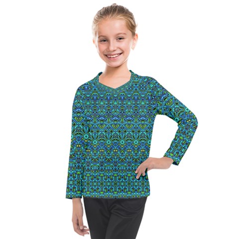 Boho Teal Green Blue Pattern Kids  Long Mesh Tee by SpinnyChairDesigns