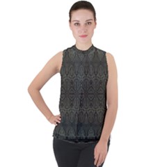 Boho Antique Bronze Pattern Mock Neck Chiffon Sleeveless Top by SpinnyChairDesigns