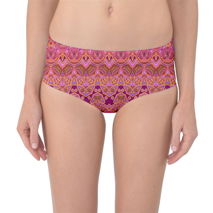 Boho Pink Pattern Mid-Waist Bikini Bottoms