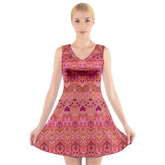 Boho Pink Pattern V-neck Sleeveless Dress by SpinnyChairDesigns