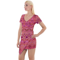 Boho Pink Pattern Short Sleeve Asymmetric Mini Dress by SpinnyChairDesigns