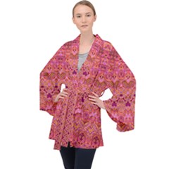 Boho Pink Pattern Long Sleeve Velvet Kimono  by SpinnyChairDesigns