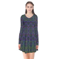 Boho Purple Green Pattern Long Sleeve V-neck Flare Dress by SpinnyChairDesigns