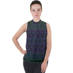 Boho Purple Green Pattern Mock Neck Chiffon Sleeveless Top by SpinnyChairDesigns