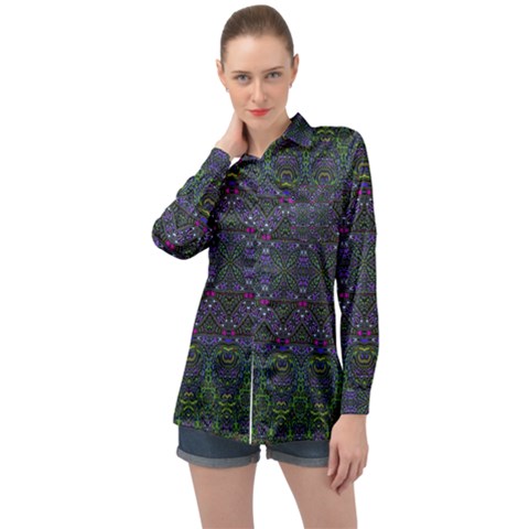 Boho Purple Green Pattern Long Sleeve Satin Shirt by SpinnyChairDesigns