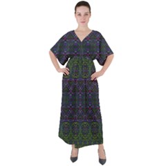 Boho Purple Green Pattern V-neck Boho Style Maxi Dress by SpinnyChairDesigns