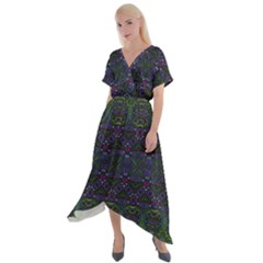 Boho Purple Green Pattern Cross Front Sharkbite Hem Maxi Dress by SpinnyChairDesigns