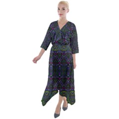 Boho Purple Green Pattern Quarter Sleeve Wrap Front Maxi Dress by SpinnyChairDesigns