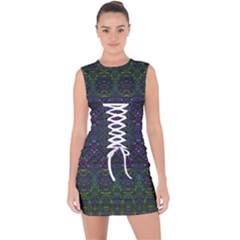 Boho Purple Green Pattern Lace Up Front Bodycon Dress by SpinnyChairDesigns