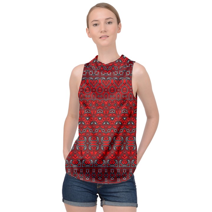 Boho Red Black Grey High Neck Satin Top