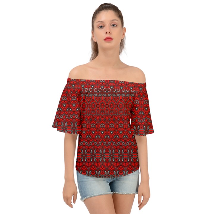 Boho Red Black Grey Off Shoulder Short Sleeve Top