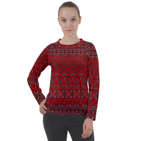 Boho Red Black Grey Women s Long Sleeve Raglan Tee by SpinnyChairDesigns