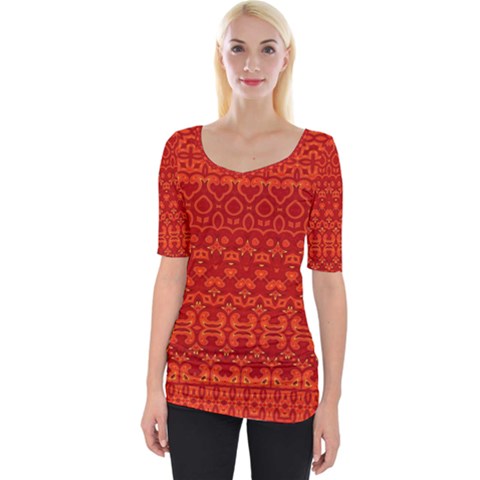 Boho Red Orange Wide Neckline Tee by SpinnyChairDesigns