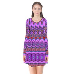 Boho Magenta Pattern Long Sleeve V-neck Flare Dress by SpinnyChairDesigns