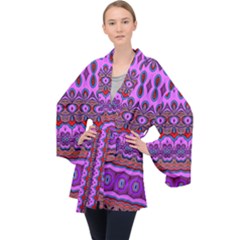 Boho Magenta Pattern Long Sleeve Velvet Kimono  by SpinnyChairDesigns