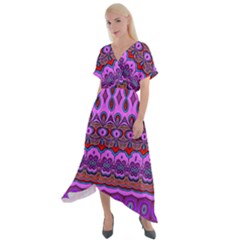 Boho Magenta Pattern Cross Front Sharkbite Hem Maxi Dress by SpinnyChairDesigns