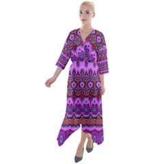 Boho Magenta Pattern Quarter Sleeve Wrap Front Maxi Dress by SpinnyChairDesigns