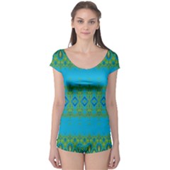 Boho Blue Green Pattern Boyleg Leotard  by SpinnyChairDesigns