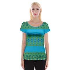 Boho Blue Green Pattern Cap Sleeve Top by SpinnyChairDesigns