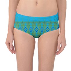 Boho Blue Green Pattern Mid-waist Bikini Bottoms by SpinnyChairDesigns