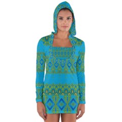 Boho Blue Green Pattern Long Sleeve Hooded T-shirt by SpinnyChairDesigns