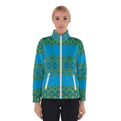 Boho Blue Green Pattern Winter Jacket by SpinnyChairDesigns