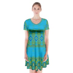 Boho Blue Green Pattern Short Sleeve V-neck Flare Dress