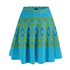 Boho Blue Green Pattern High Waist Skirt by SpinnyChairDesigns