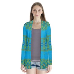 Boho Blue Green Pattern Drape Collar Cardigan by SpinnyChairDesigns