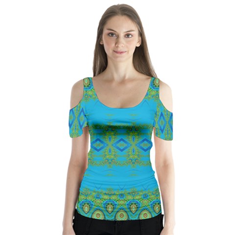 Boho Blue Green Pattern Butterfly Sleeve Cutout Tee  by SpinnyChairDesigns