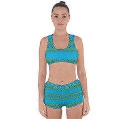 Boho Blue Green Pattern Racerback Boyleg Bikini Set by SpinnyChairDesigns