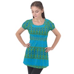 Boho Blue Green Pattern Puff Sleeve Tunic Top by SpinnyChairDesigns