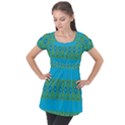 Boho Blue Green Pattern Puff Sleeve Tunic Top View1