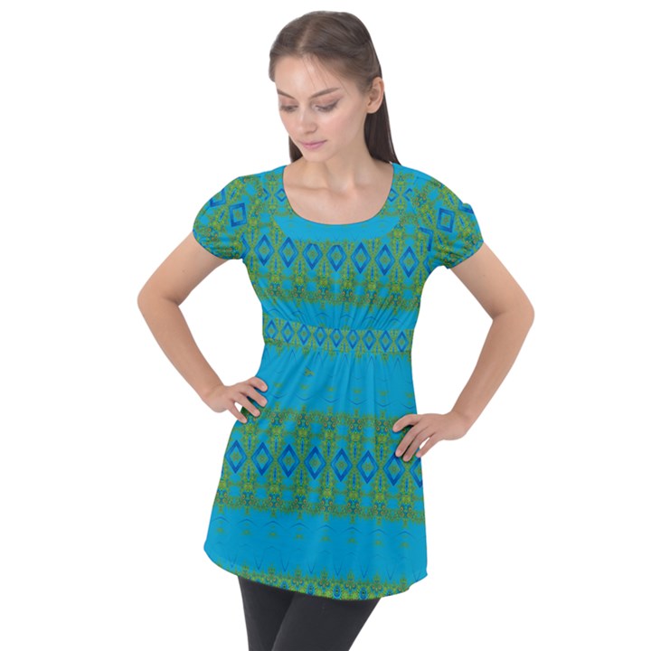 Boho Blue Green Pattern Puff Sleeve Tunic Top