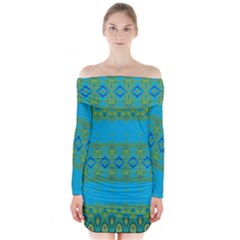 Boho Blue Green Pattern Long Sleeve Off Shoulder Dress by SpinnyChairDesigns