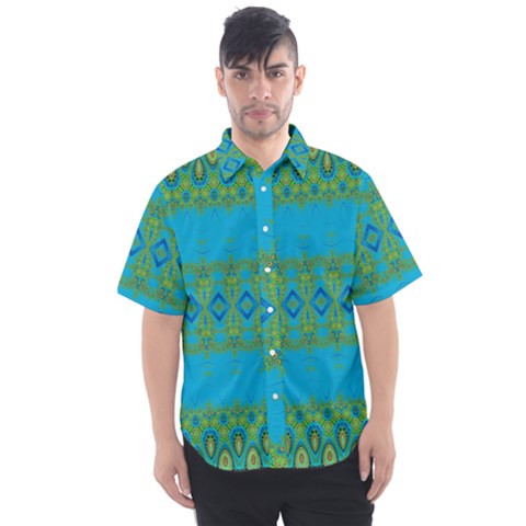 Boho Blue Green Pattern Men s Short Sleeve Shirt by SpinnyChairDesigns