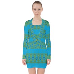 Boho Blue Green Pattern V-neck Bodycon Long Sleeve Dress by SpinnyChairDesigns