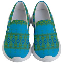 Boho Blue Green Pattern Kids Lightweight Slip Ons by SpinnyChairDesigns