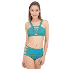 Boho Blue Green Pattern Cage Up Bikini Set by SpinnyChairDesigns