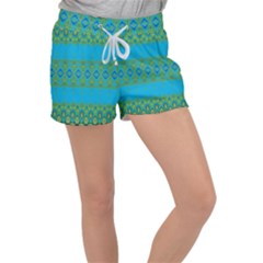 Boho Blue Green Pattern Velour Lounge Shorts by SpinnyChairDesigns