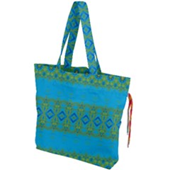 Boho Blue Green Pattern Drawstring Tote Bag by SpinnyChairDesigns