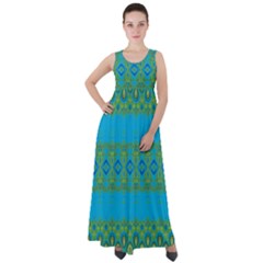 Boho Blue Green Pattern Empire Waist Velour Maxi Dress by SpinnyChairDesigns