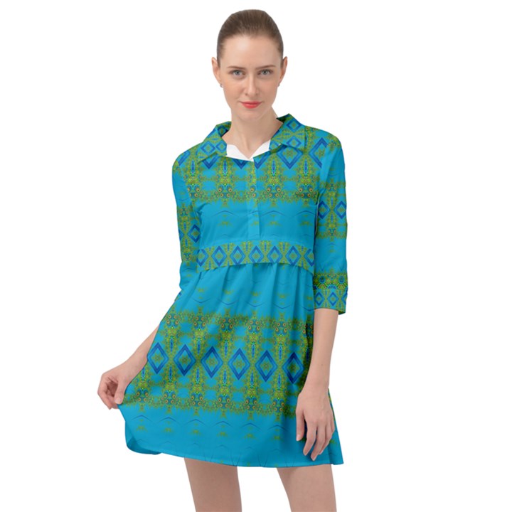 Boho Blue Green Pattern Mini Skater Shirt Dress