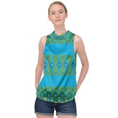 Boho Blue Green Pattern High Neck Satin Top by SpinnyChairDesigns