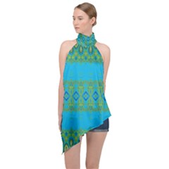 Boho Blue Green Pattern Halter Asymmetric Satin Top by SpinnyChairDesigns