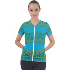 Boho Blue Green Pattern Short Sleeve Zip Up Jacket by SpinnyChairDesigns