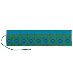 Boho Blue Green Pattern Roll Up Canvas Pencil Holder (l) by SpinnyChairDesigns