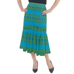 Boho Blue Green Pattern Midi Mermaid Skirt by SpinnyChairDesigns